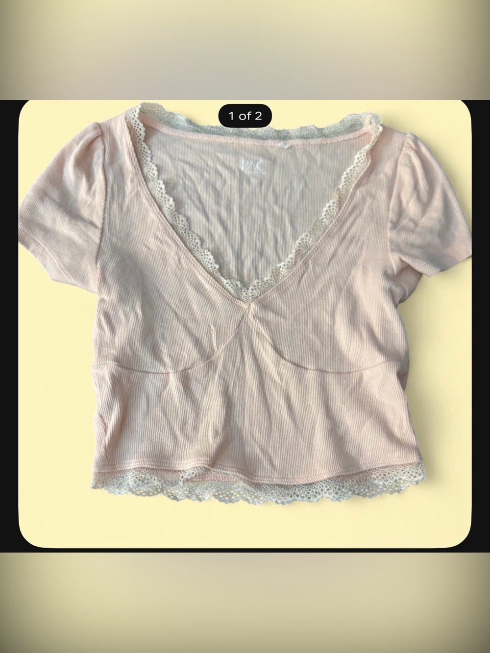 Pink Lace Trim Ribbed V-Neck Crop Top